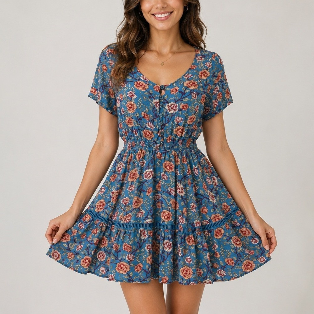 Sunday Mi Amor Mini‎ Dress Blue Floral Smocked Boho S